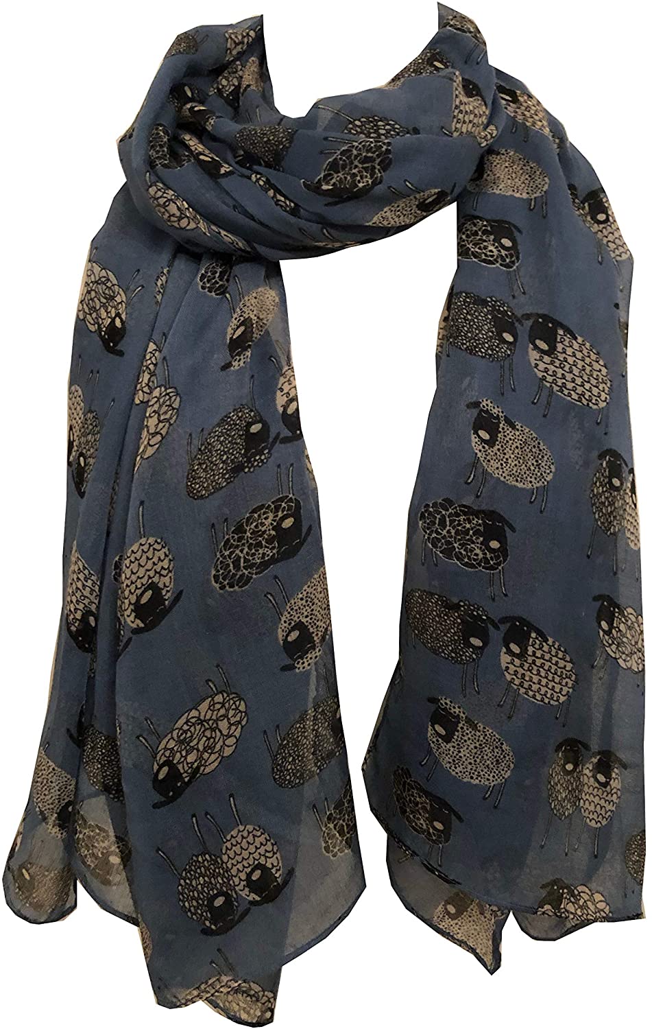 Pamper Yourself Now Blue Sketched Sheep Design Long Scarf, Soft Ladies Fashion London