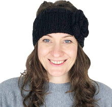 Load image into Gallery viewer, Black woollen machine knitted headband with flower. Warm winter headband

