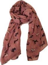 Load image into Gallery viewer, Pamper Yourself Now Pink with Mixed Pooch Dog Design Long Scarf. Sausage Dog, west Ireland Terrier, Wolf Hound
