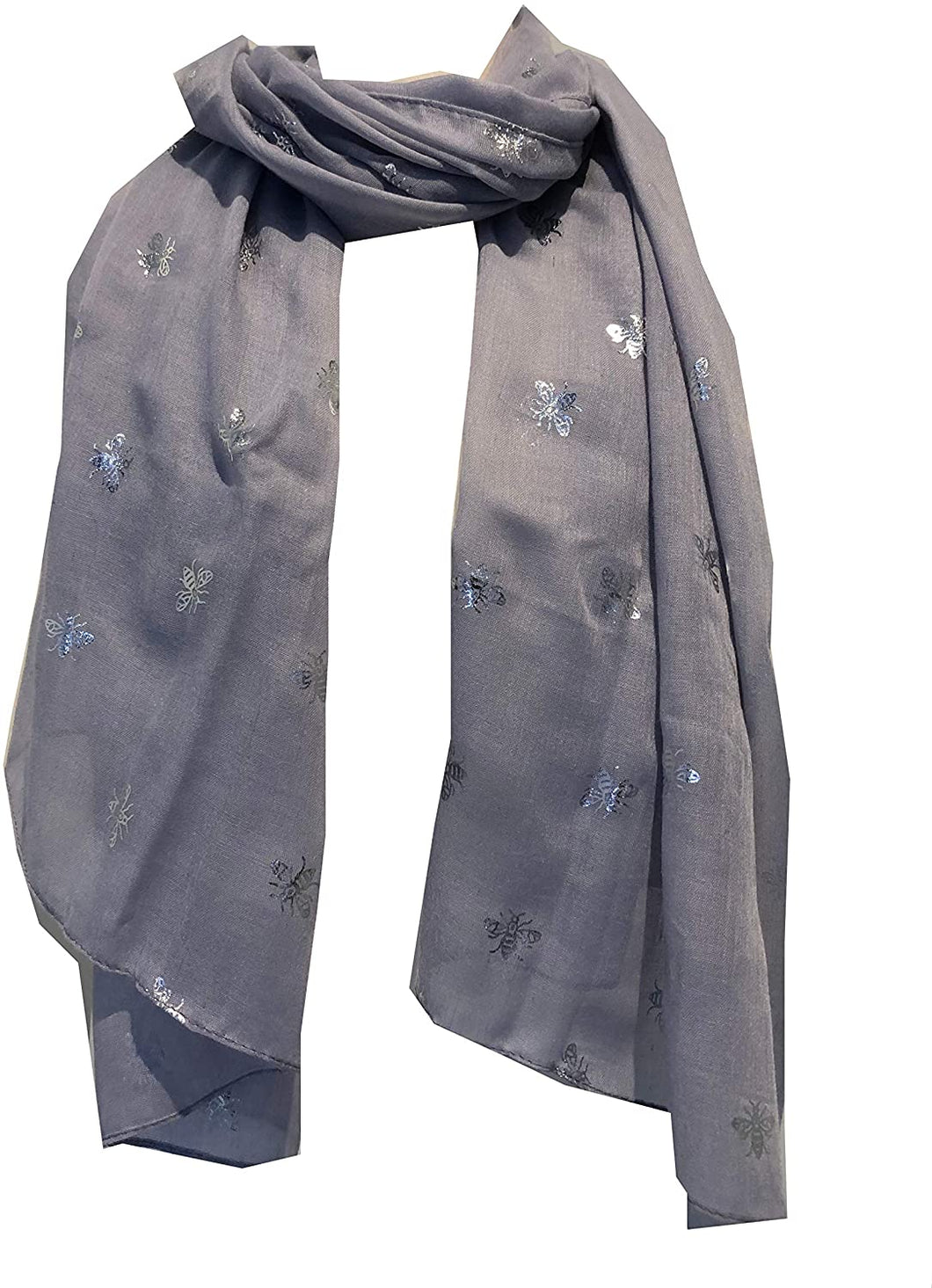 Pamper Yourself Now Grey with Silver Bumble Bees Long Scarf. Great Present/Gift for bee Lovers.