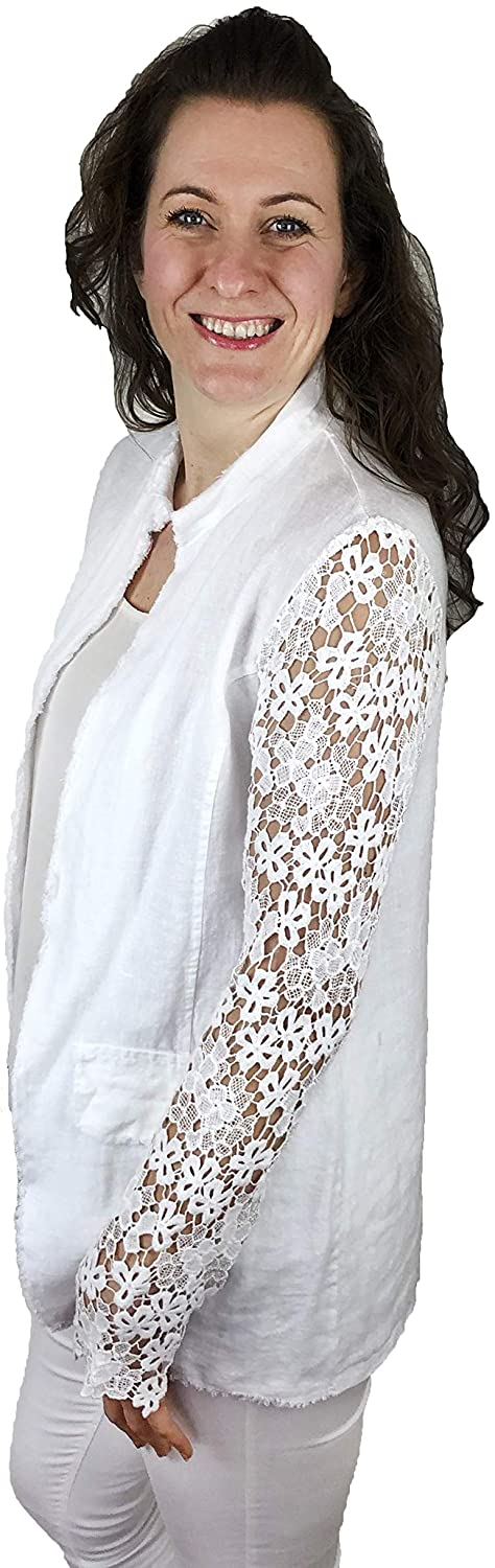 Pamper Yourself Now ltd White 100% Linen Jacket with lace Sleeve. Made in Italy (AA81)