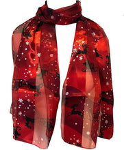 Load image into Gallery viewer, Pamper Yourself Now Red with Snowflakes and Santa on a Sledge Design Thin Pretty Christmas Scarf
