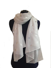 Load image into Gallery viewer, Pamper Yourself Now White with Silver Bumble Bees Long Scarf. Great Present/Gift for bee Lovers.
