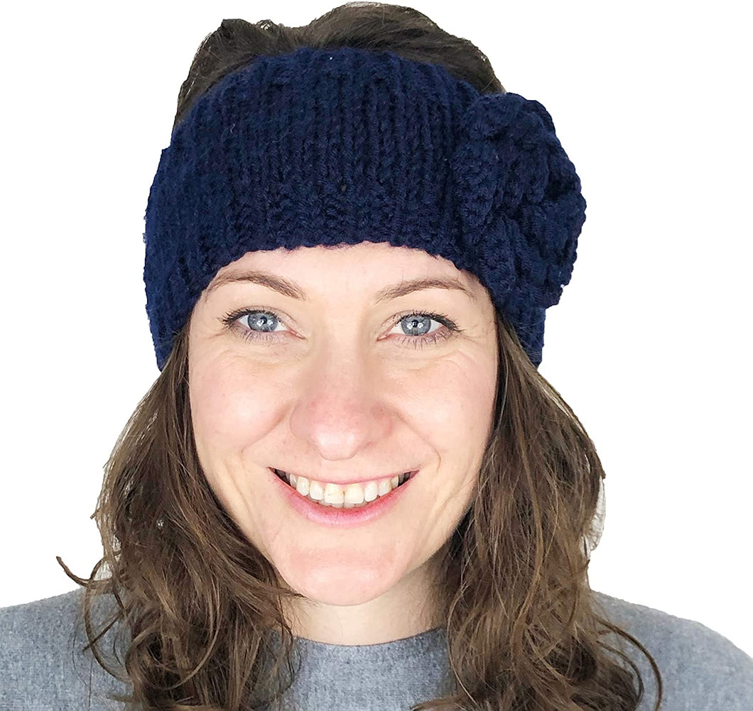 navy blue woollen machine knitted headband with flower. Warm winter headband