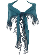 Load image into Gallery viewer, Teal Jersey with sparkle and lace trimmed triangle Scarf Soft Summer Fashion London Fashion Fab Gift
