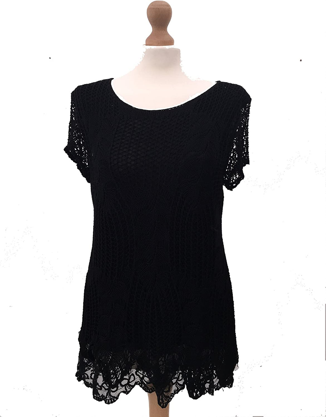 Pamper Yourself Now ltd Ladies Black Crochet lace Short Sleeve top.Made in Italy (AA18)