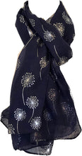 Load image into Gallery viewer, Pamper Yourself Now Navy Blue with Silver Dandelion Design Long Scarf
