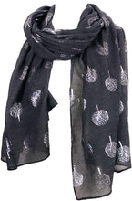 Load image into Gallery viewer, Pamper Yourself Now Dark Grey with Silver Foiled Mulberry Tree Design Ladies Scarf/wrap. Great Present for Mum, Sister, Girlfriend or Wife.

