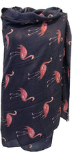 Load image into Gallery viewer, Navy with watercolour flamingo scarf with frayed edge long soft scarf
