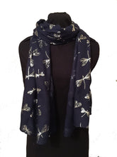 Load image into Gallery viewer, Pamper Yourself Now Navy with Silver Foiled Glitter Dragonfly Design Long Scarf/wrap
