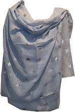 Load image into Gallery viewer, Pamper Yourself Now Sky Blue with Silver Bumble Bees Long Scarf. Great Present/Gift for bee Lovers.
