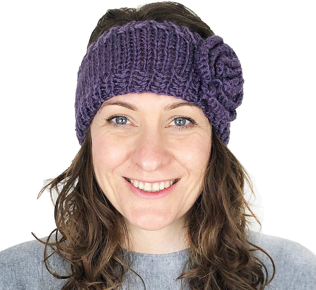 PURPLE woollen machine knitted headband with flower. Warm winter headband