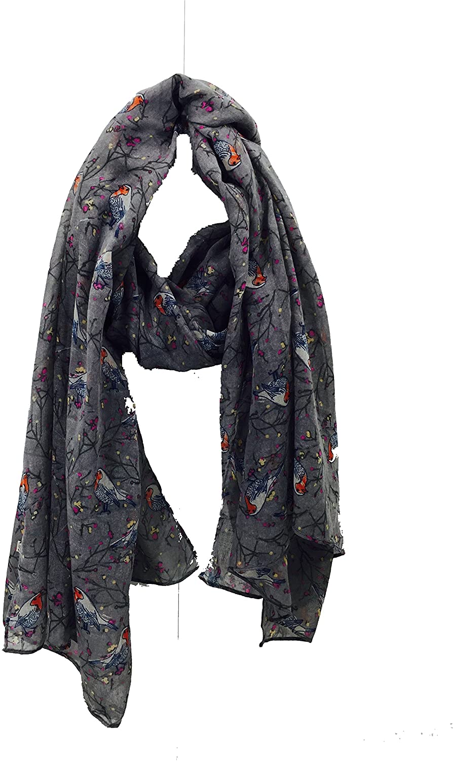 Pamper Yourself Now Grey Christmas Robin in Tree Long Soft Scarf/wrap