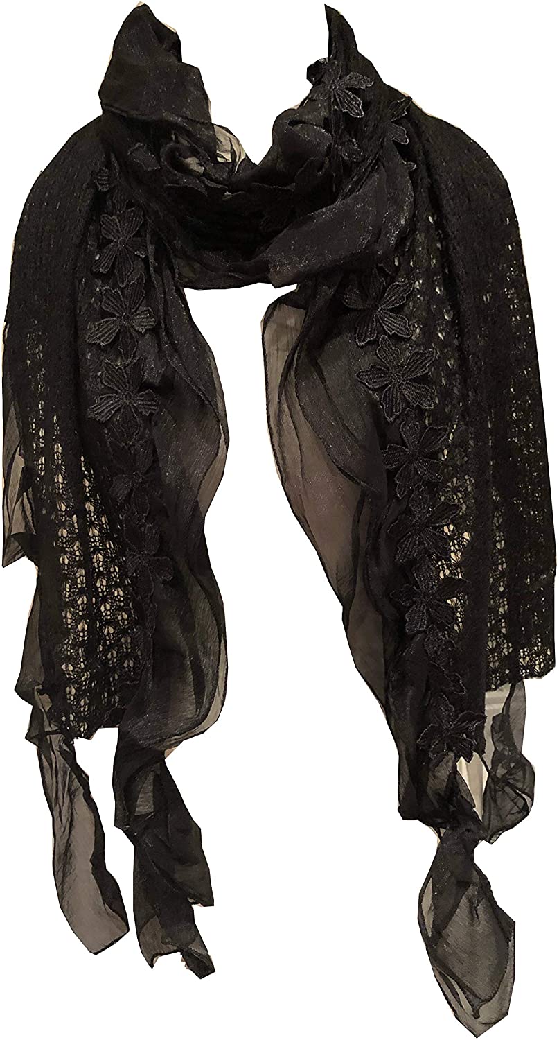 Pamper Yourself Now Black Flower with Chiffon Design Scarf. Long Soft Scarf