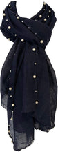 Load image into Gallery viewer, Pamper Yourself Now Navy with Beads and Pearls with Frayed Edge Long Soft Scarf/wrap
