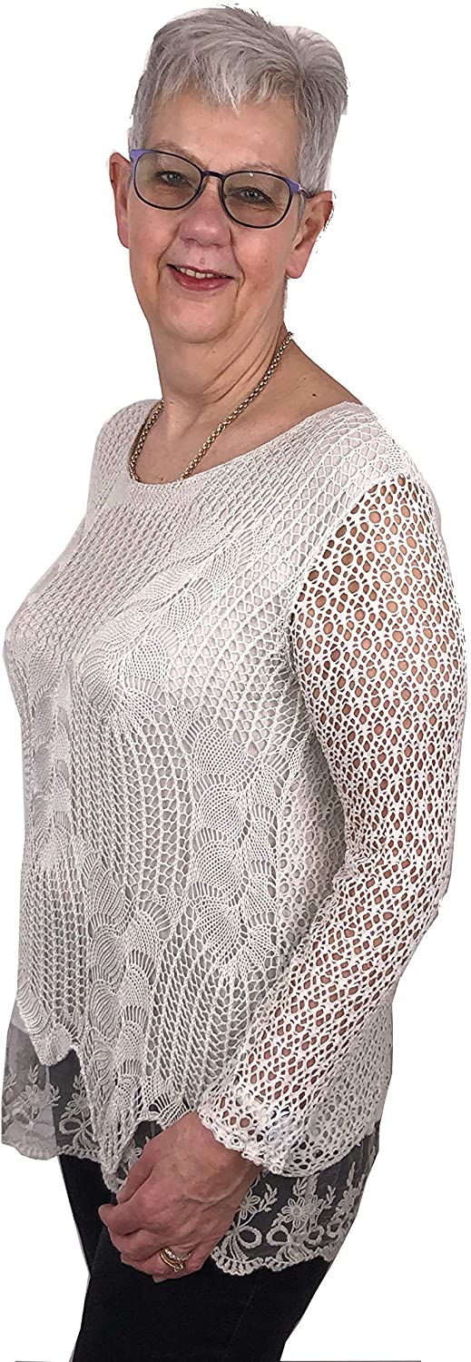 Pamper Yourself Now ltd Ladies Beige Crochet lace Long Sleeve top.Made in Italy (AA6)
