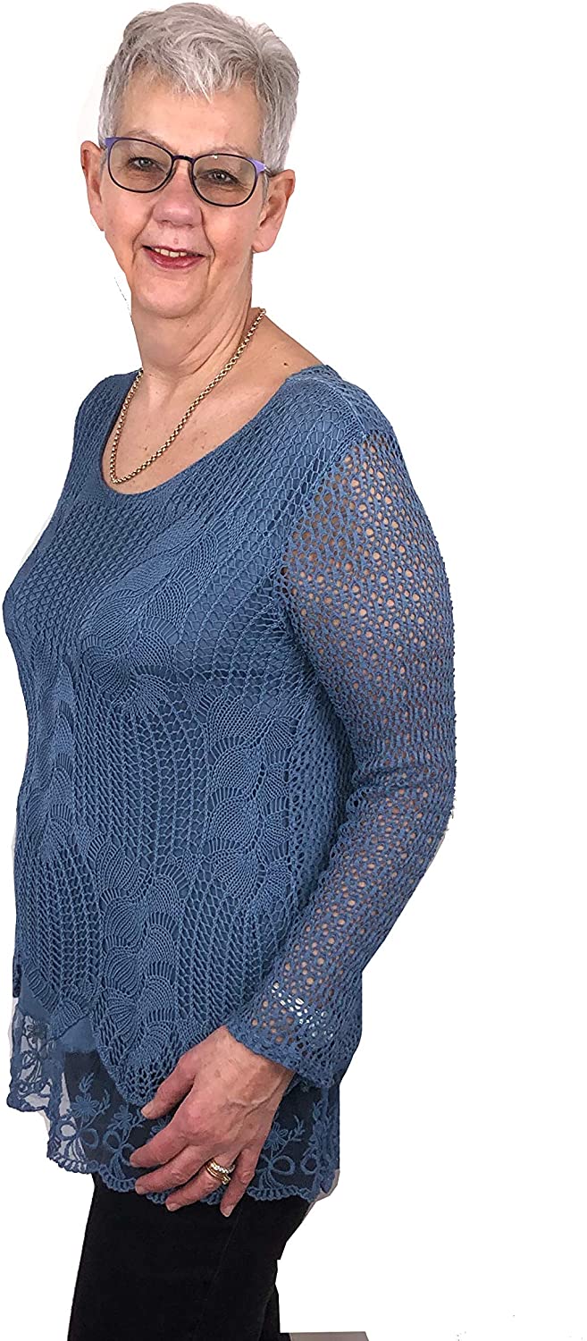 Pamper Yourself Now ltd Ladies Denim Blue Crochet lace Long Sleeve top.Made in Italy (AA8)