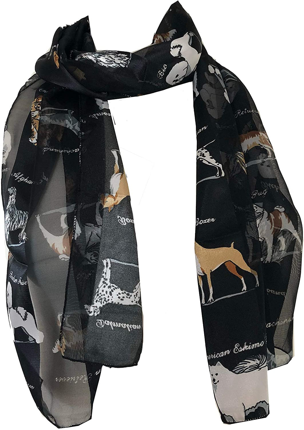 Pamper Yourself Now Black Shiny Dog Scarf with Different Dog Breeds
