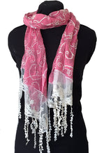 Load image into Gallery viewer, Bright pink with black flowers and embroidered white flowers with tassels
