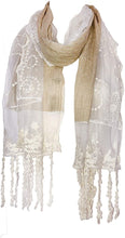 Load image into Gallery viewer, Pamper Yourself Now Beige with Cream Flower lace Trim with Tassel Scarf
