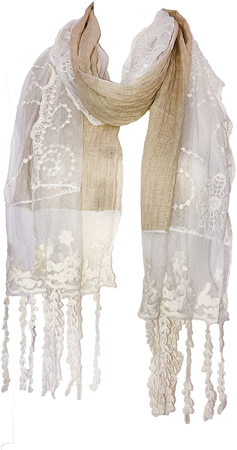 Pamper Yourself Now Beige with Cream Flower lace Trim with Tassel Scarf