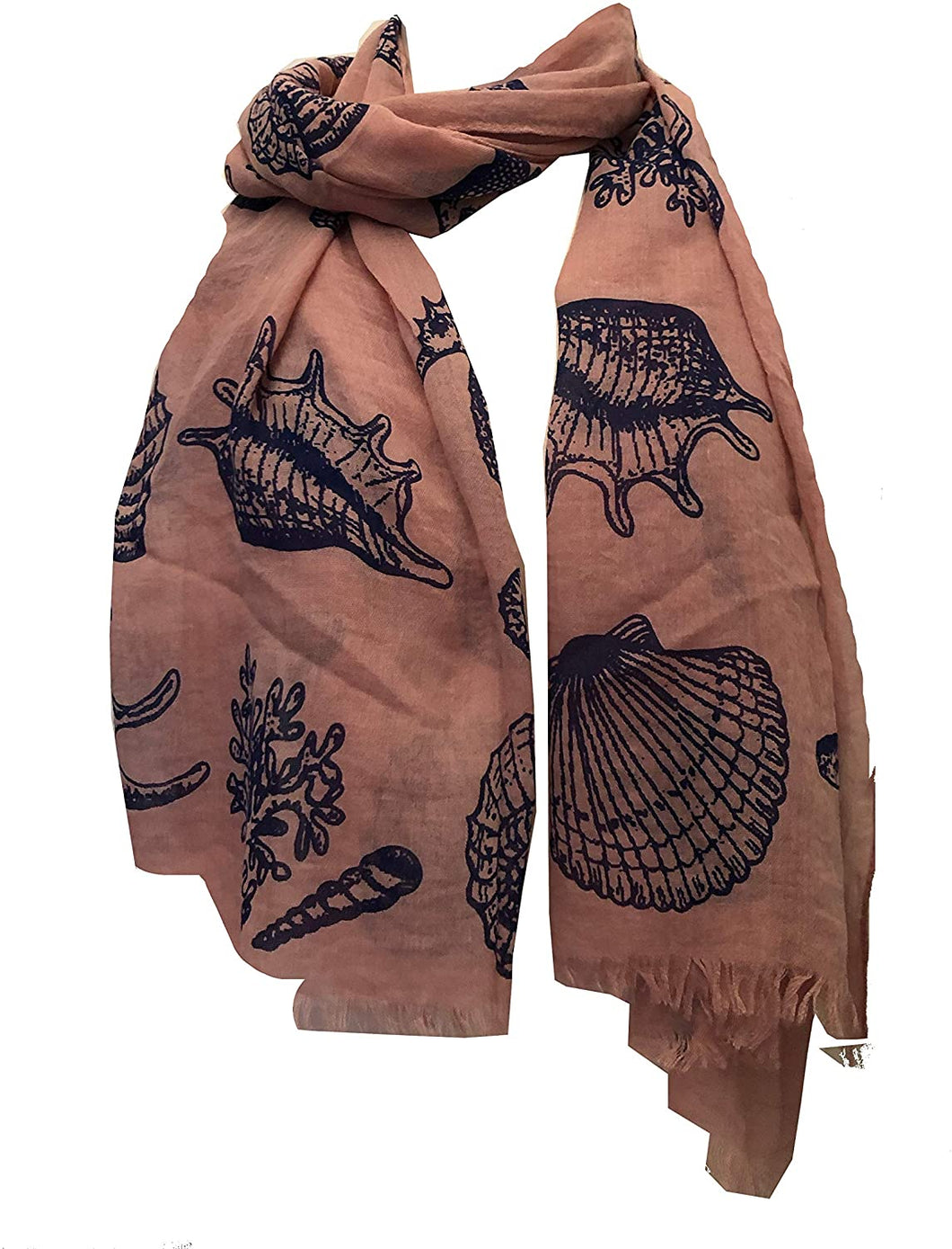 Pamper Yourself Now Pink with Blue Shells, Star Fish, sea Horse and Fish Under The sea Long Scarf with Frayed Edge.