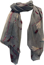 Load image into Gallery viewer, Pamper Yourself Now Grey with Dragonfly and Bugs Design Long Soft Scarf, Great Present/Gift.
