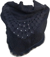 Load image into Gallery viewer, Pamper Yourself Now Black Triangle Scarf with Fur Trim and Sequin.
