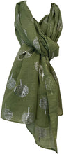 Load image into Gallery viewer, Pamper Yourself Now Green with Silver Foiled Mulberry Tree Design Ladies Scarf/wrap. Great Present for Mum, Sister, Girlfriend or Wife.
