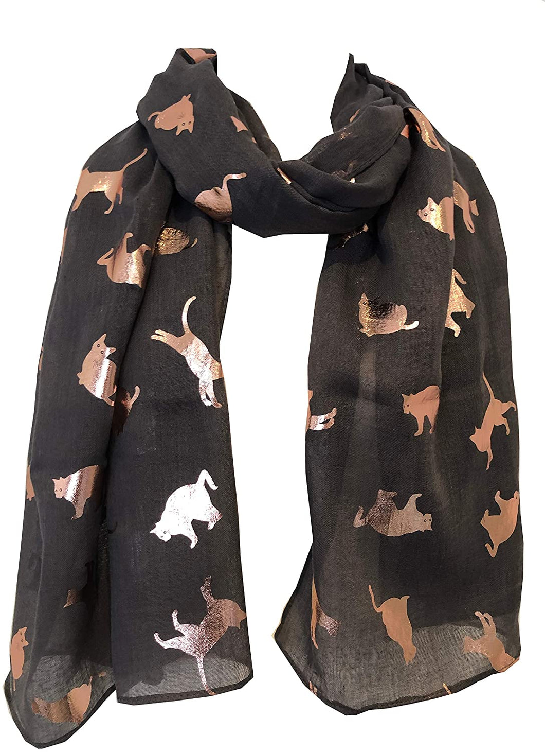 Dark grey with gold foiled cats long soft scarf
