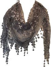 Load image into Gallery viewer, Pamper Yourself Now Grey with White Glittery Flower lace Triangle Scarf with lace Trim
