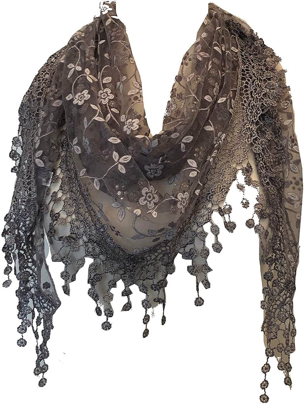 Pamper Yourself Now Grey with White Glittery Flower lace Triangle Scarf with lace Trim