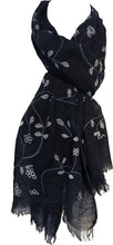 Load image into Gallery viewer, Pamper Yourself Now Navy with White Embroidered Flowers and Leaf Design Long Scarf/wrap with Frayed Edge
