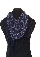 Load image into Gallery viewer, Pamper Yourself Now Blue with White Glittery Flower lace Triangle Scarf with lace Trim
