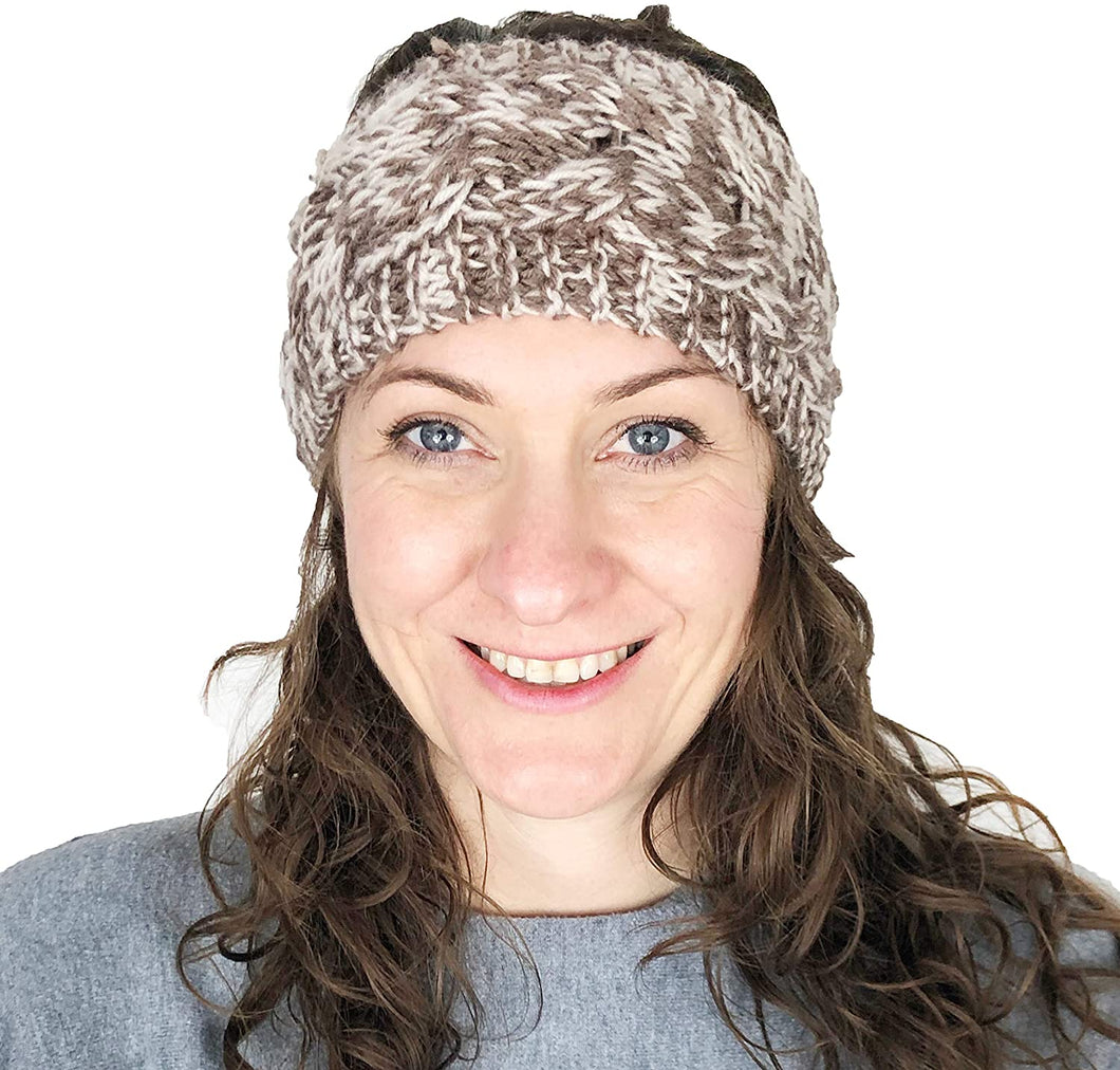 Brown/cream mixed coloured woollen machine knitted headband. Warm winter headband