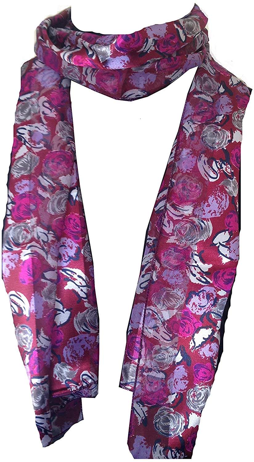 Pamper Yourself Now Burgundy with Grey, Purple and White Small Roses Shiny Scarf Thin Pretty Scarf