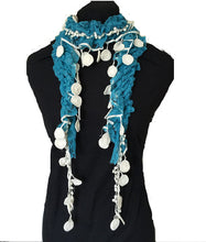 Load image into Gallery viewer, Blue with Cream Circle Long Thin lace Scarf with Tassels, Lovely Fashion Item. Fantastic Gift
