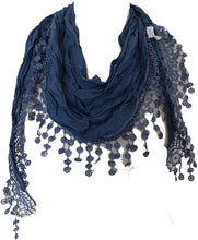 Load image into Gallery viewer, Pamper Yourself Now Blue Cotton lace Trimmed Triangle Scarf
