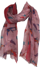 Load image into Gallery viewer, Pamper Yourself Now Pink with Pink Edge Swallow and Feather Scarf Multi Coloured Oversized Soft wrap with Frayed Edge
