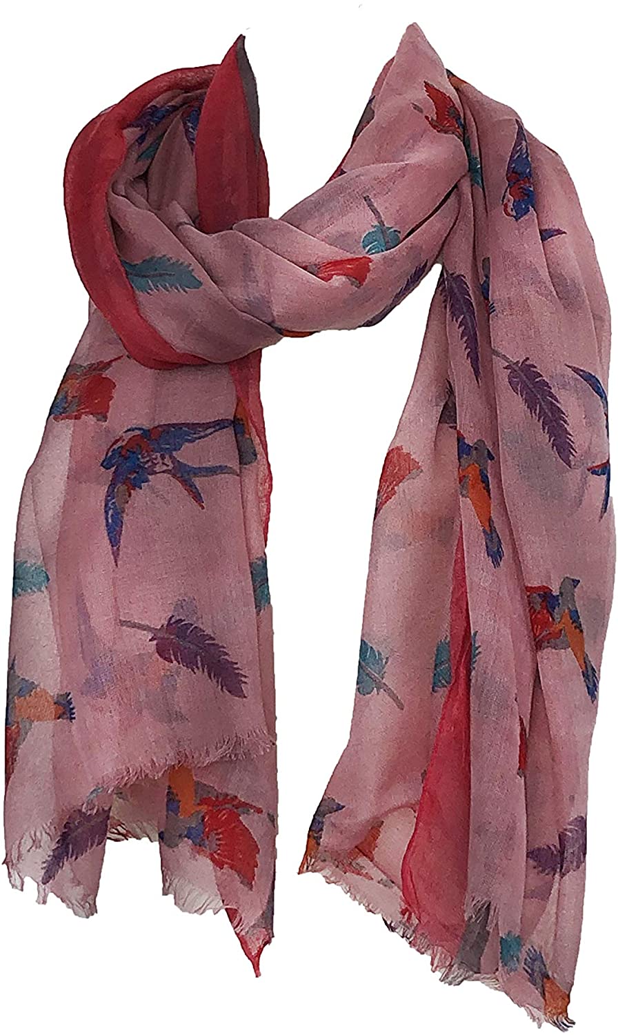 Pamper Yourself Now Pink with Pink Edge Swallow and Feather Scarf Multi Coloured Oversized Soft wrap with Frayed Edge