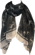 Load image into Gallery viewer, Pamper Yourself Now Grey with White Reindeer Design Scarf with Border. Lovely Long Soft Scarf Fantastic Gift
