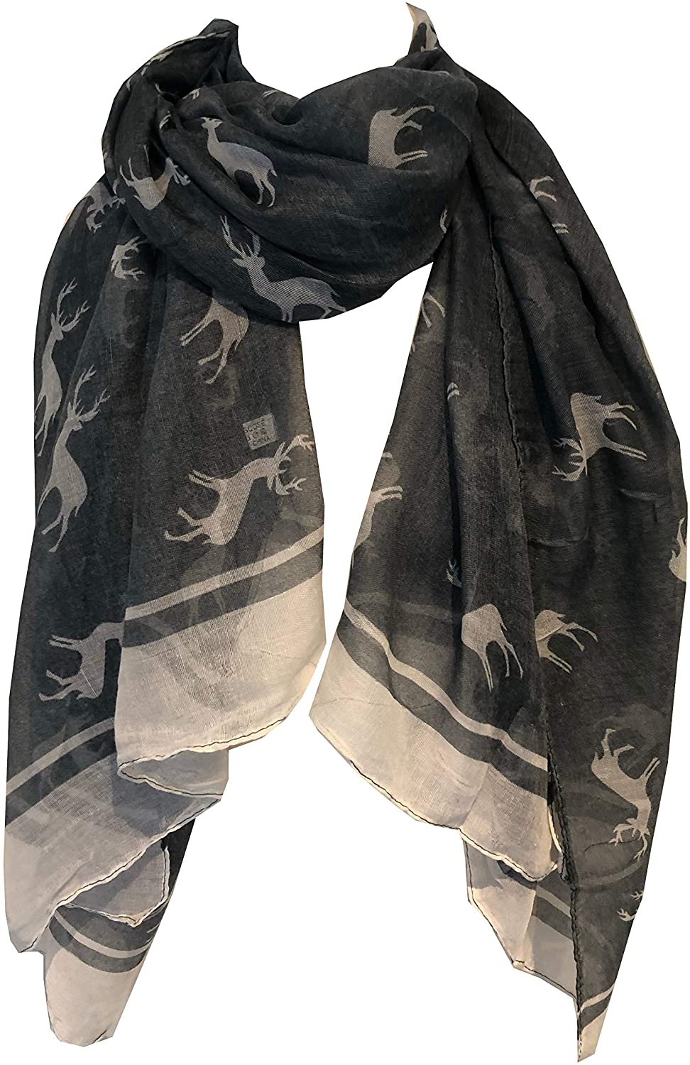 Pamper Yourself Now Grey with White Reindeer Design Scarf with Border. Lovely Long Soft Scarf Fantastic Gift