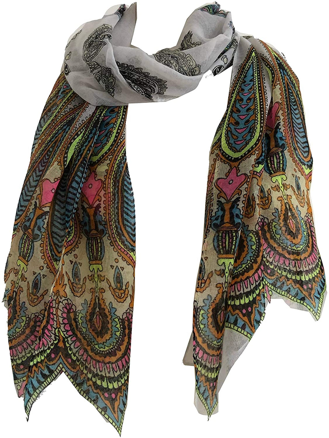 Pamper Yourself Now White with Bright Coloured Paisley Long Scarf, Soft Ladies Fashion London