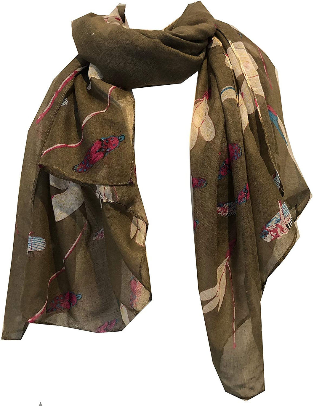 Brown with dragonfly and bugs design long soft scarf, great present/gift.