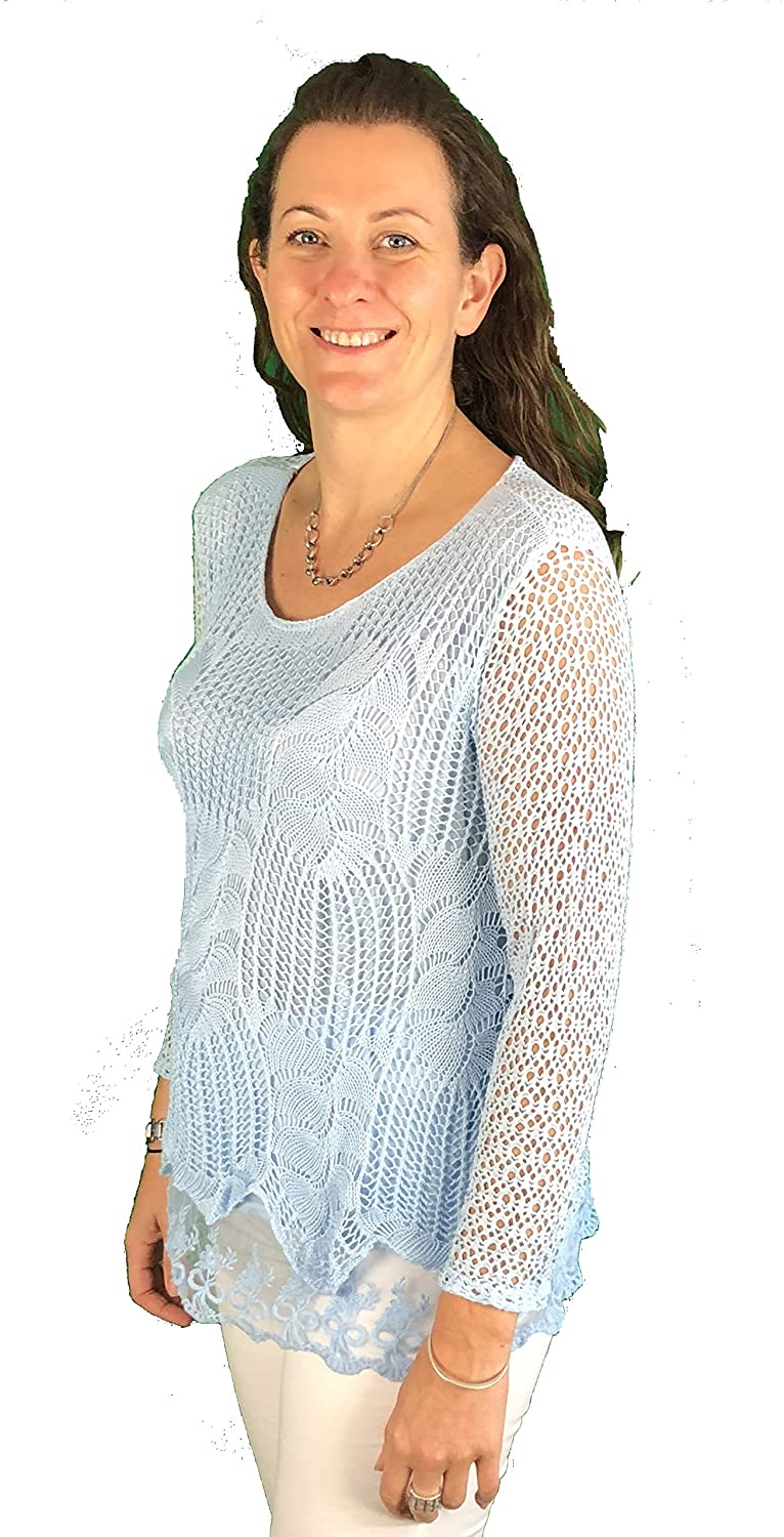 Pamper Yourself Now ltd Ladies Sky Blue Crochet lace Long Sleeve top. Made in Italy (AA57)