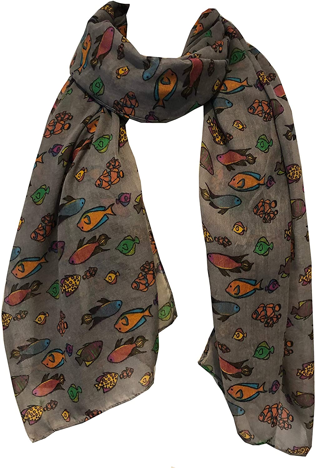 Pamper Yourself Now Grey Fish Scarf with Tropical Fish