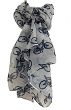 Load image into Gallery viewer, White with Blue Bike Bicycle Scarf Vintage Fashion Style, Lovely Soft Long Ladies Scarf/Wrap

