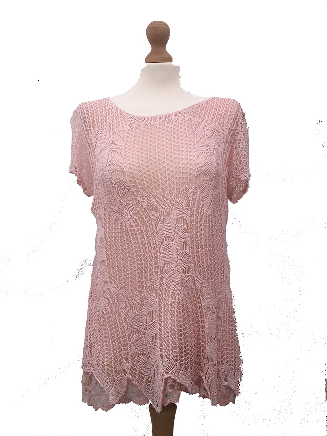 Pamper Yourself Now ltd Ladies Pink Crochet lace Short Sleeve top.Made in Italy (AA14)
