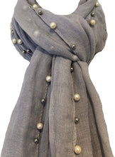 Load image into Gallery viewer, Pamper Yourself Now Grey with Beads and Pearls with Frayed Edge Long Soft Scarf/wrap
