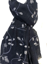 Load image into Gallery viewer, Pamper Yourself Now Navy with White Embroidered Flowers and Leaf Design Long Scarf/wrap with Frayed Edge
